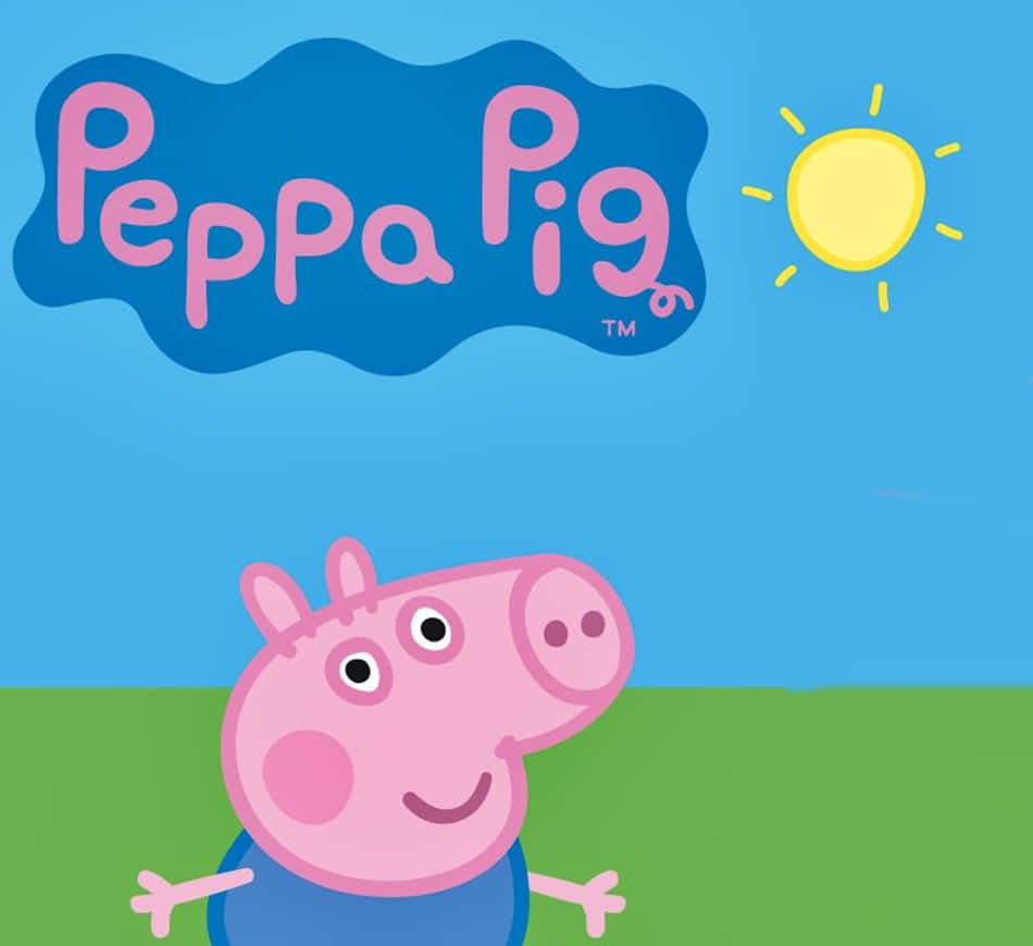 George Pig 桌布 壁紙 — Peppa Pig 在明亮的藍天、黃色太陽和綠色草地上開心地微笑。