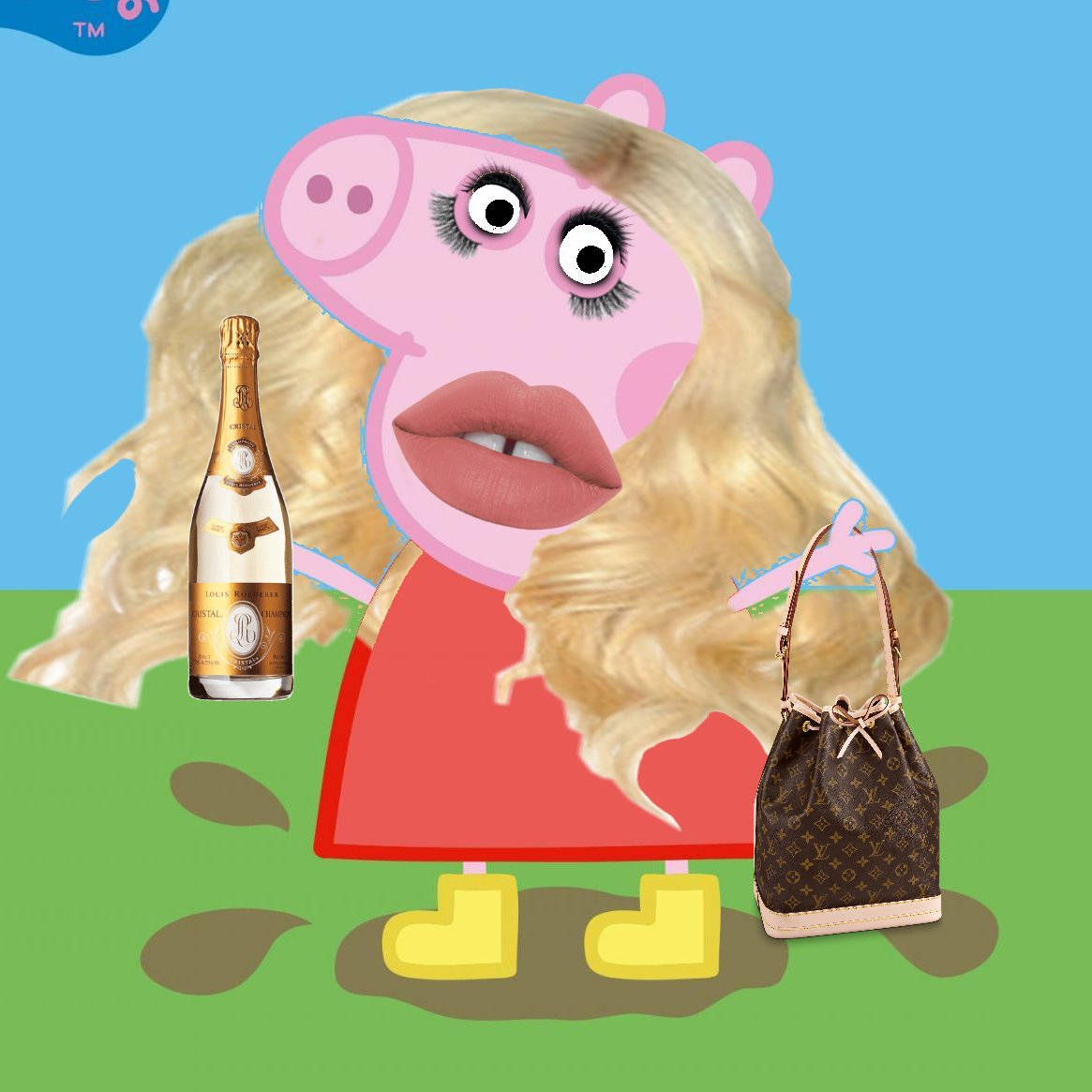 Peppa Pig 在泥濘中穿著黃色靴子，手持香檳和Louis Vuitton手袋。