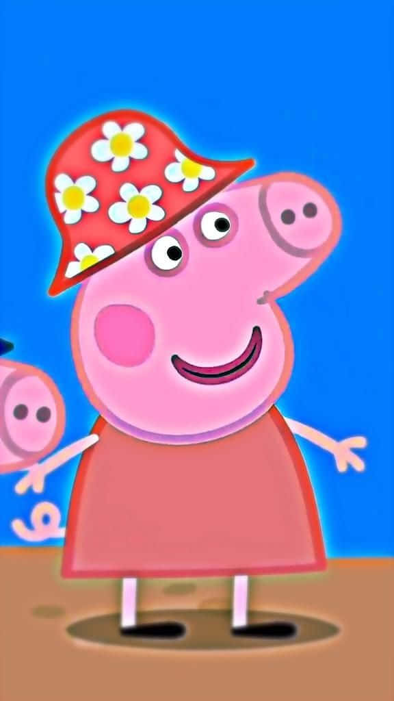 Auntie Dottie 桌布 壁紙 — Peppa Pig 戴著紅色花帽，在明亮的藍天下開心地微笑。