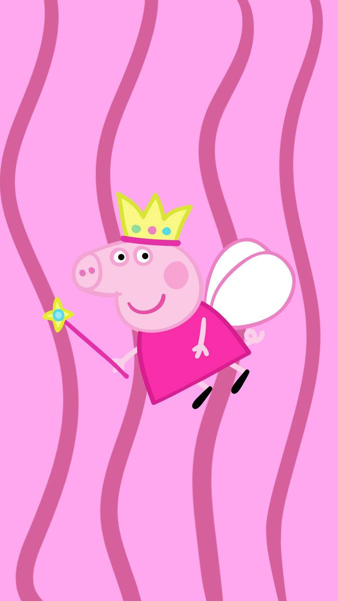 精靈 桌布 壁紙 — Peppa Pig 打扮成仙女公主，戴著皇冠、拿著魔法棒和翅膀，在粉紅色波浪線中漂浮。