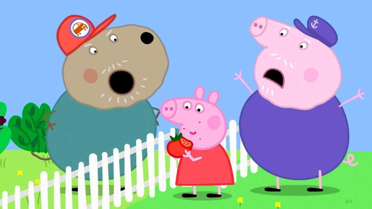 Grandpa Pig 桌布 壁紙 — Peppa Pig 拿著一顆草莓，她的爸爸和爺爺在一個有白色籬笆的陽光花園裡顯得很驚訝。