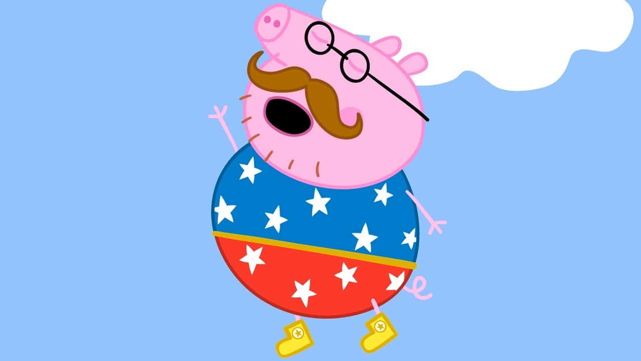 Daddy Pig 桌布 壁紙 — Peppa Pig 的爸爸穿著超級英雄服裝，在晴朗的藍天和 fluffy 的白雲中快樂地漂浮。
