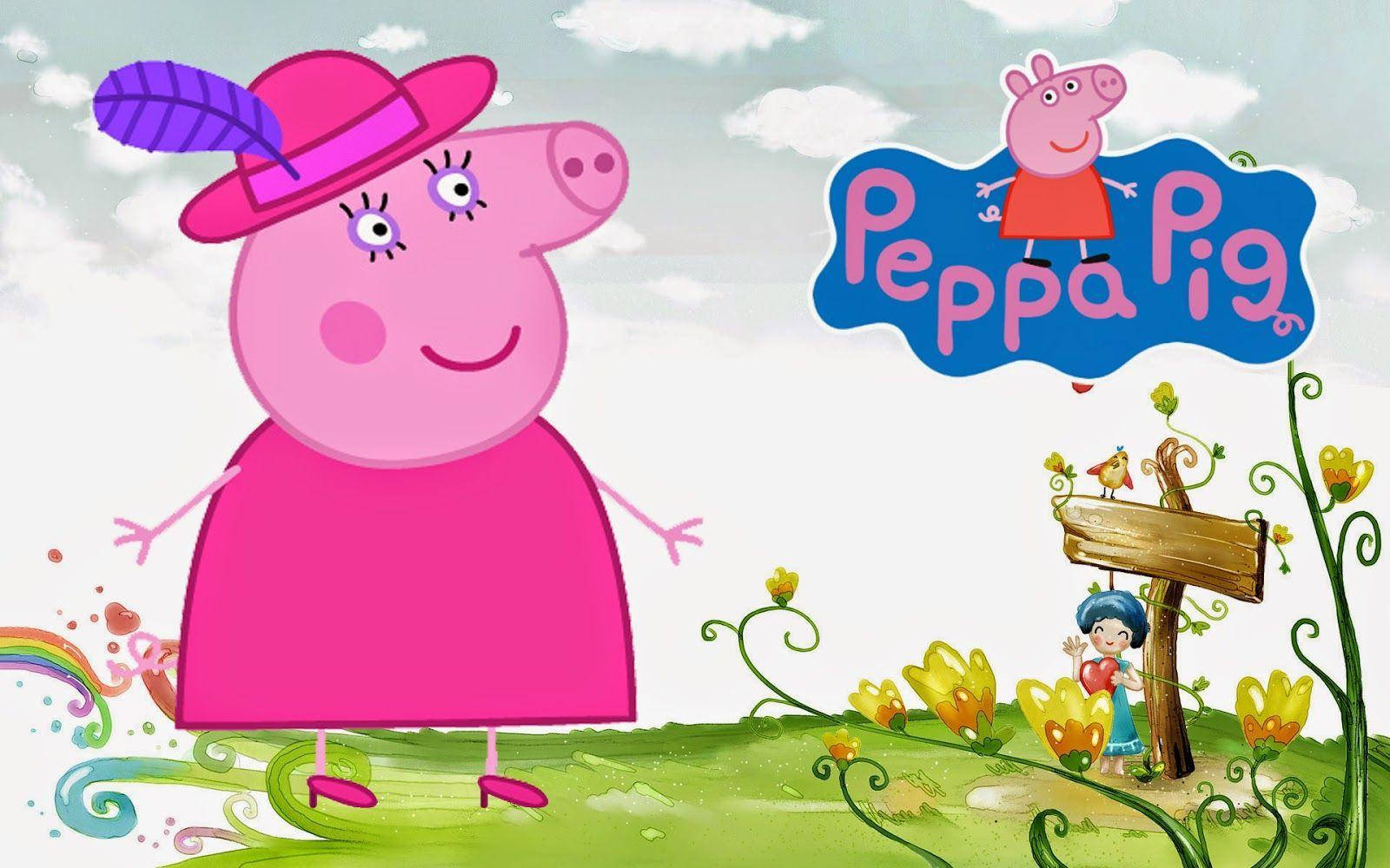 小豬佩奇 桌布 壁紙 — Peppa Pig 穿著粉紅色連衣裙和帽子，在充滿活力的卡通花園中愉快地站著，有彩虹和花朵。