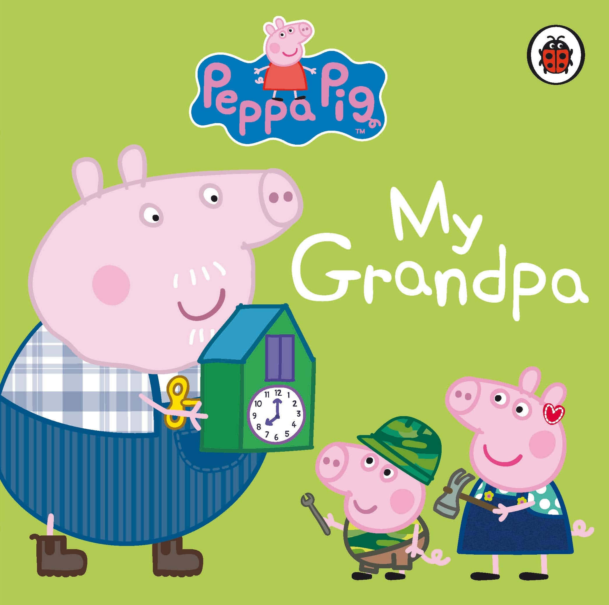 Grandpa Pig 桌布 壁紙 — Peppa Pig 與家人以歡樂的插圖封面慶祝爺爺 Pig，封面展示時鐘屋和工具。