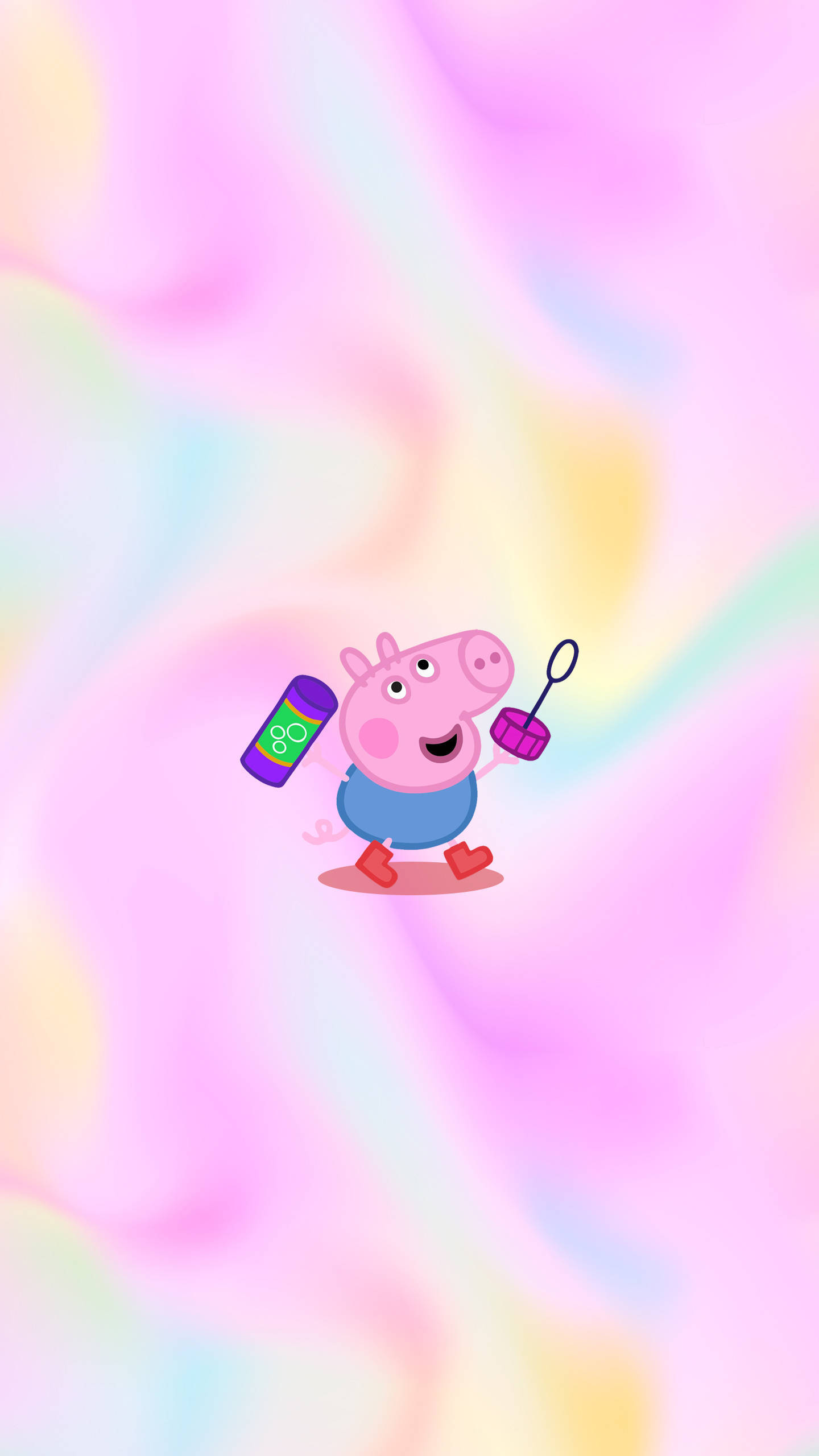 peppa pig iPhone 桌布 壁紙 — Peppa Pig 開心咁行，揸住畫筆同油漆罐，背景係柔和嘅粉彩彩虹漩渦。