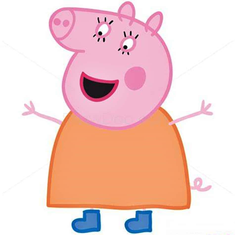 Mummy Pig 桌布 壁紙 — Peppa Pig 開心地微笑，雙臂張開，穿著橙色連衣裙和藍色靴子。