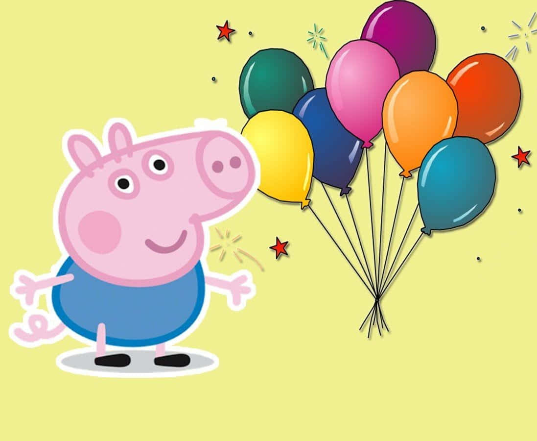 George Pig 桌布 壁紙 — Peppa Pig 開心微笑，手持一束色彩繽紛的氣球，背景是明亮的黃色。