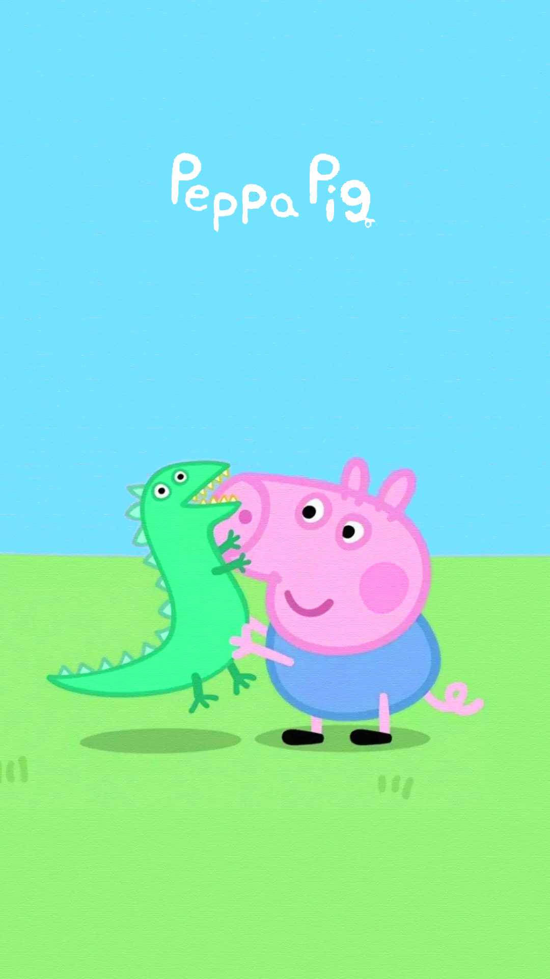 可愛恐龍 桌布 壁紙 — Peppa Pig 開心微笑，擁抱綠色恐龍玩具，背景是明亮的藍天和綠草。