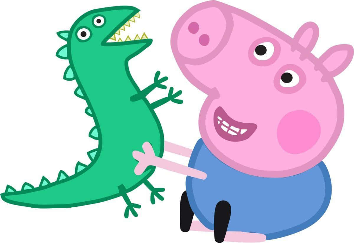 George Pig 桌布 壁紙 — Peppa Pig 開心擁抱一隻綠色卡通恐龍，牠有尖銳的牙齒和尖刺的背部。