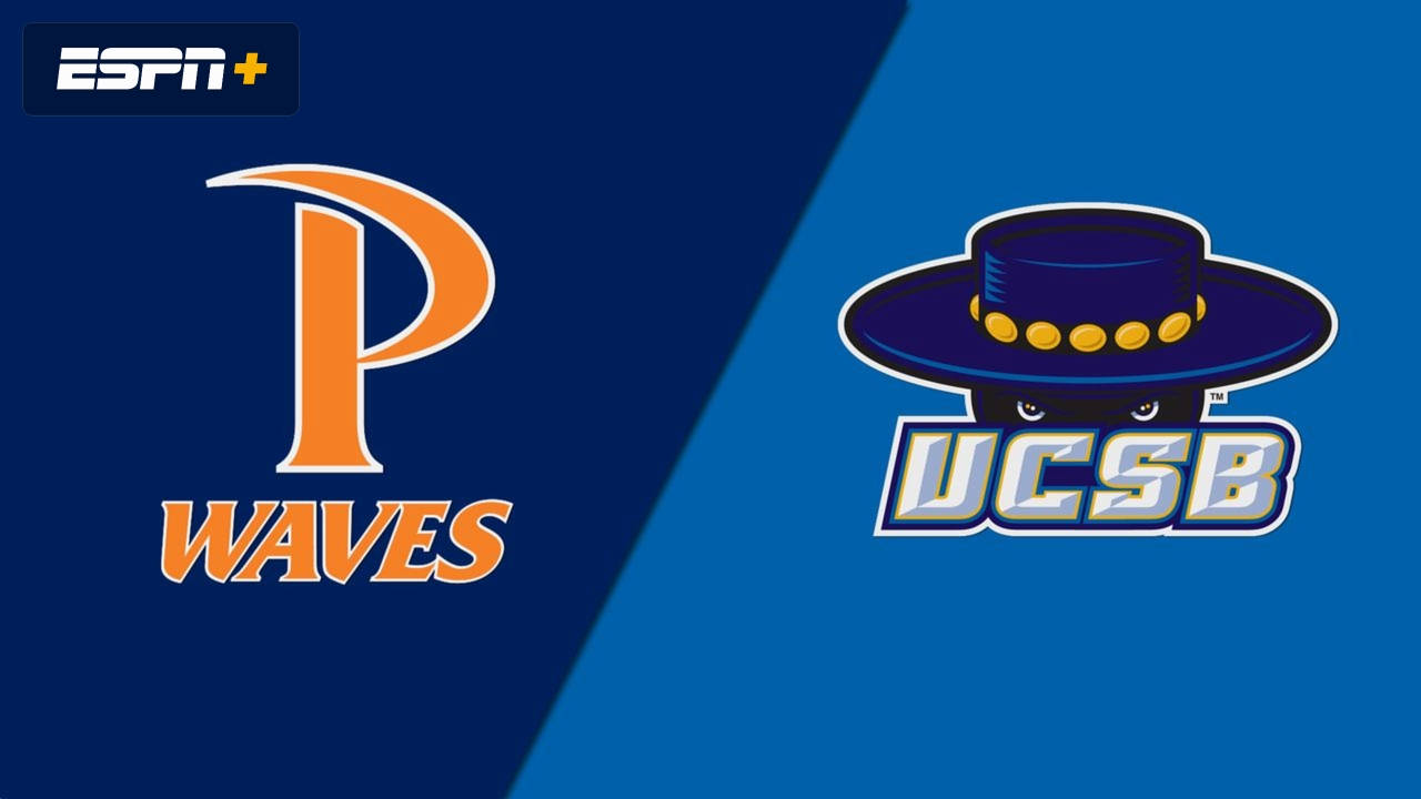 加州大學聖塔芭芭拉分校對決Pepperdine大學P Waves 壁紙 — ESPN+ 圖形顯示橙色 Waves 標誌對比 UCSB Gauchos 吉祥物在藍色分割背景上。