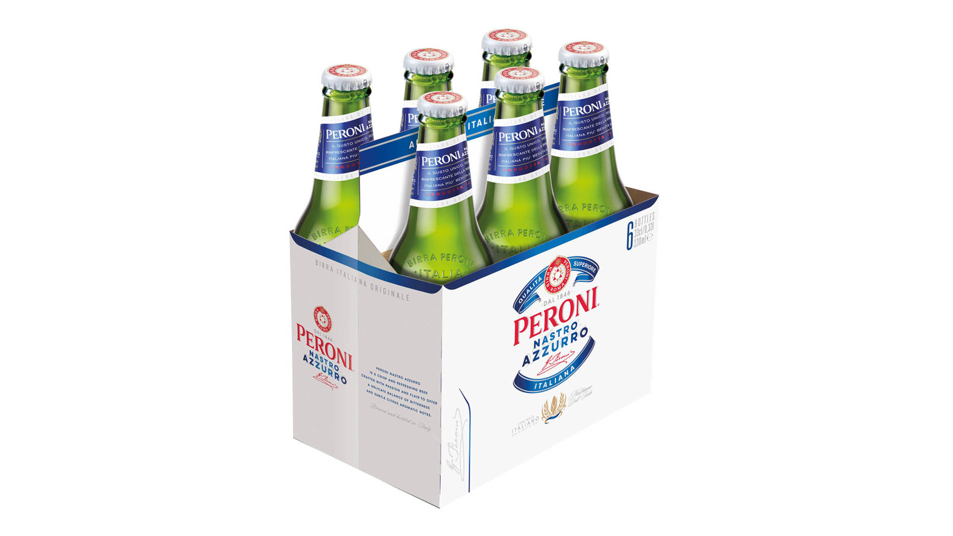 六個綠色 Peroni 啤酒瓶放在一個白色六瓶裝提架中。