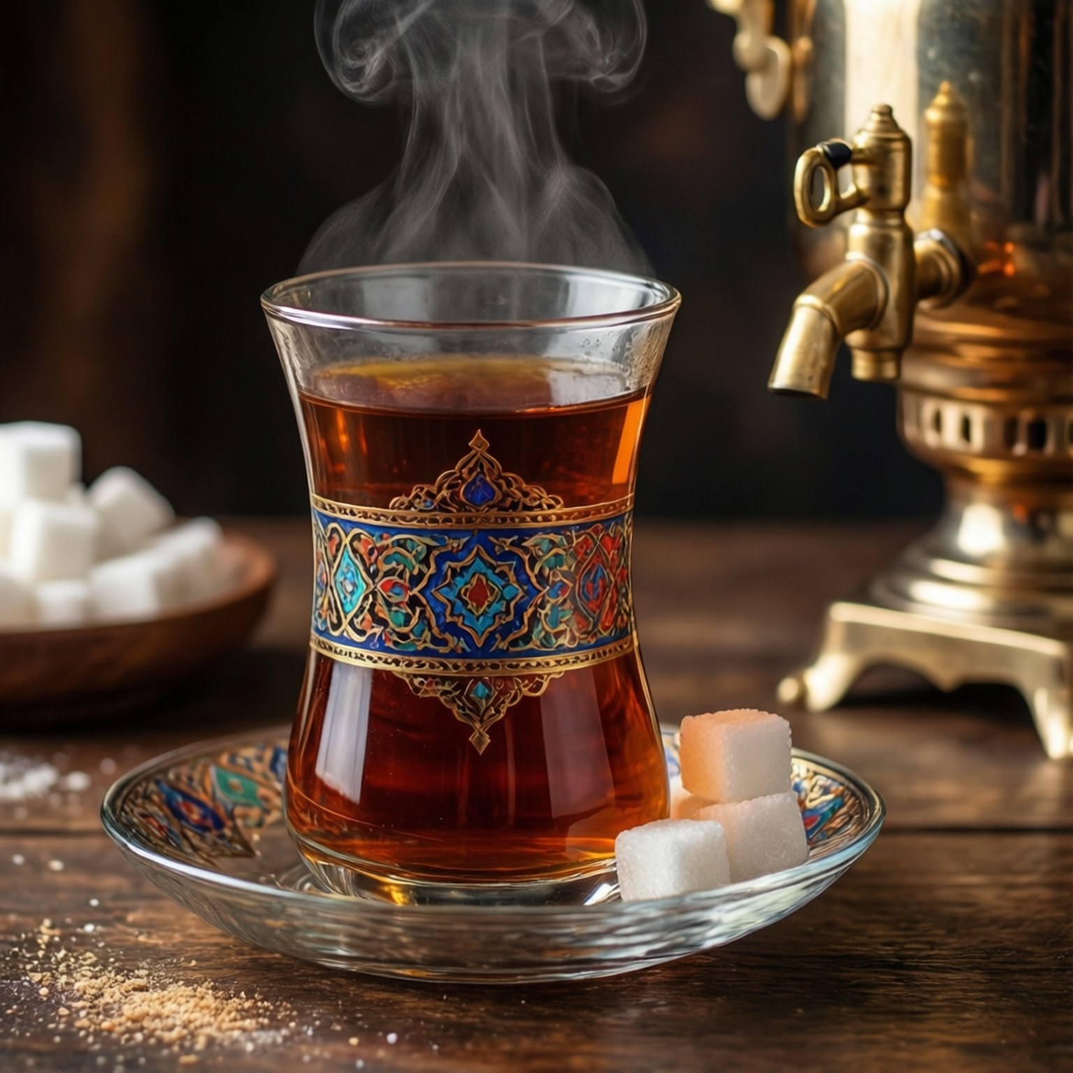冒煙的茶杯配方糖和黃銅茶炊在木桌上