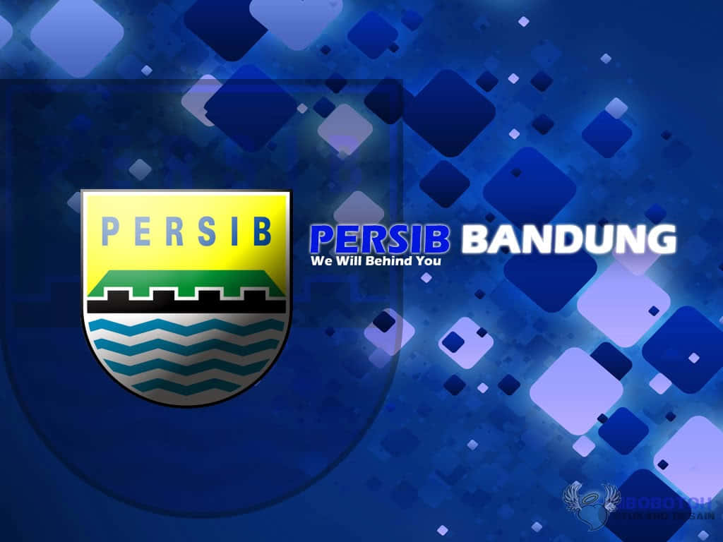  壁紙 — Persib Bandung 標誌，帶有徽章和口號，位於藍色抽象背景上，帶有浮動方塊。