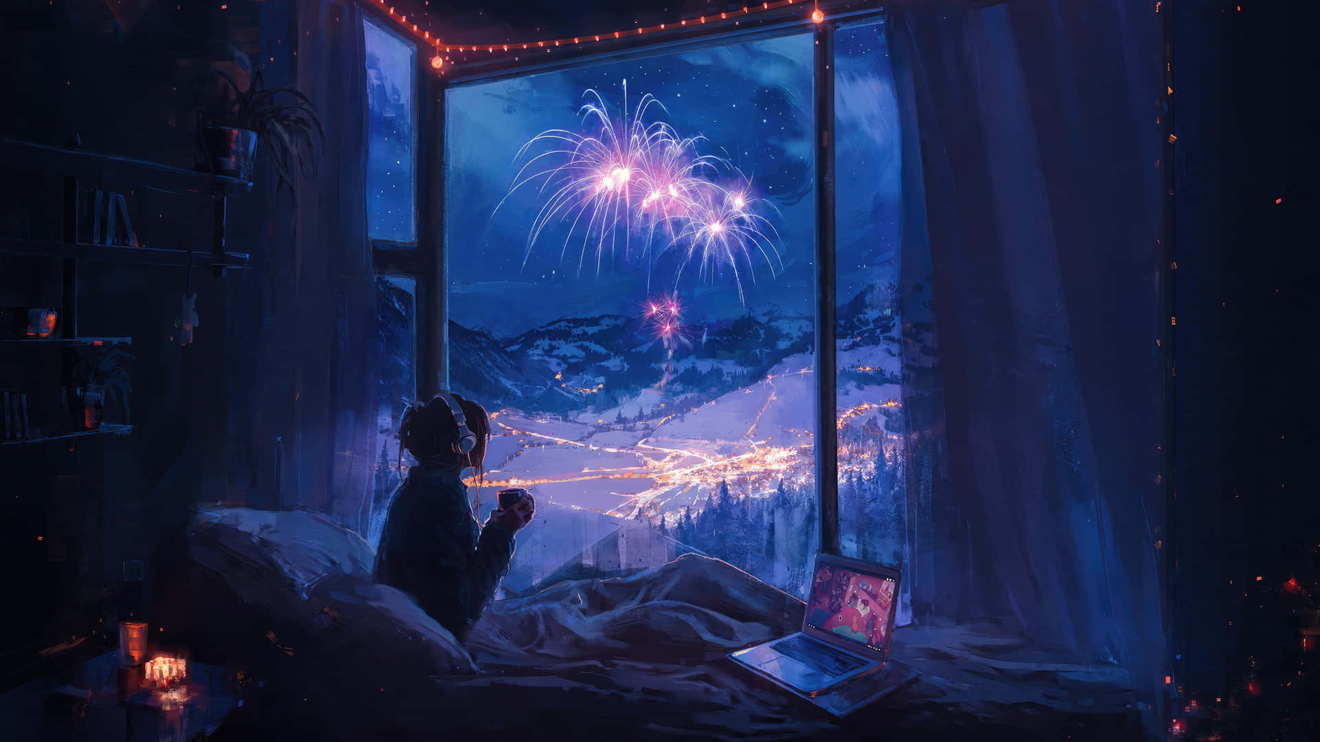  壁紙 — 一個人躺在床上，透過大窗戶觀看夜空中在積雪山城上方綻放的鮮豔煙火。