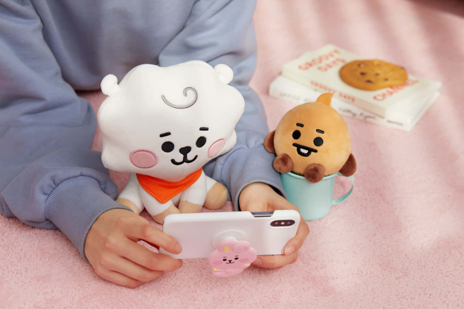 人在粉紅色毯子上拿著手機與BT21毛絨玩具