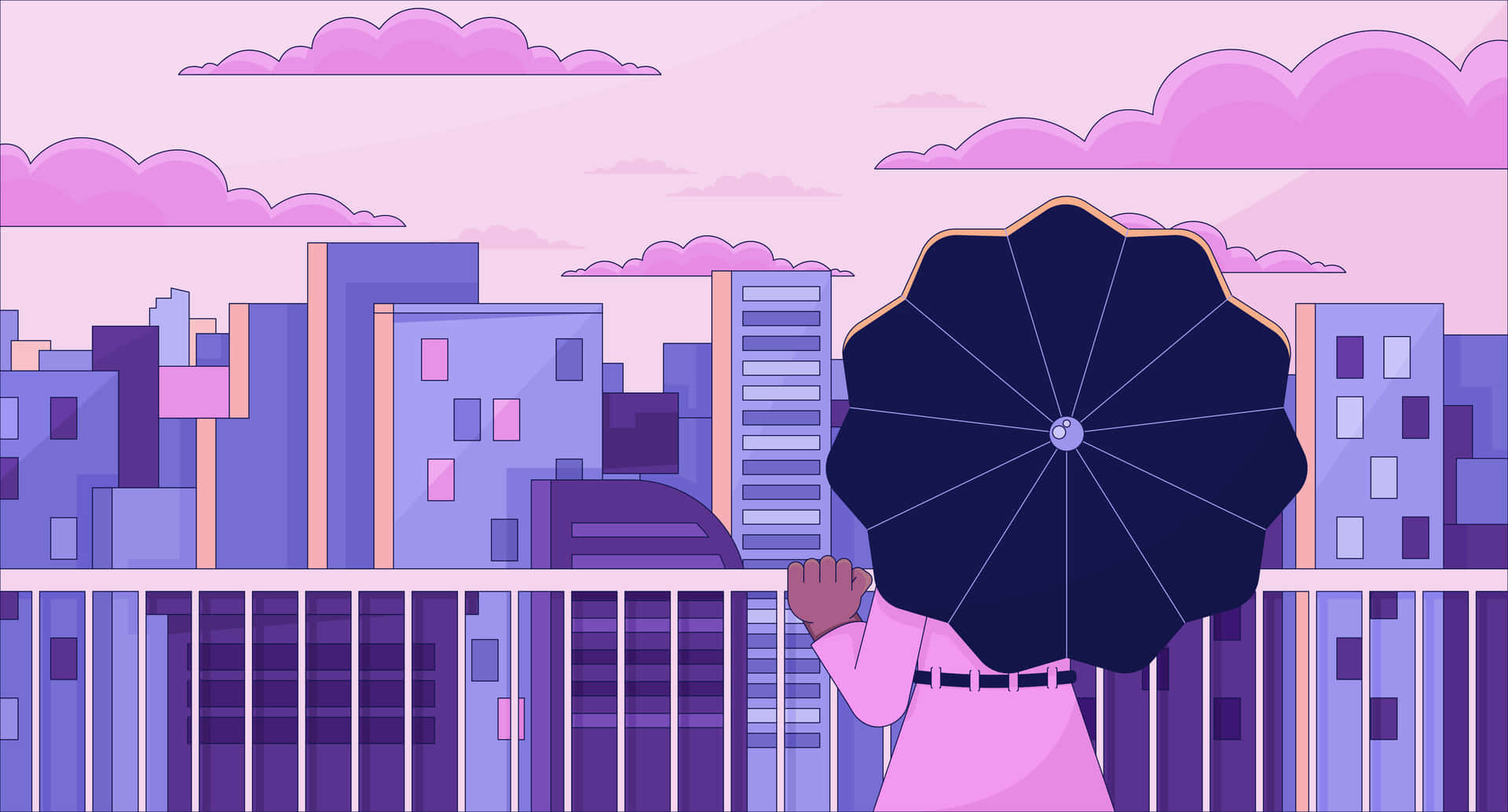  壁紙 — 一位身穿粉紅色衣服的人撐著黑色雨傘，眺望粉彩粉紅天空下風格化的紫色城市景觀。