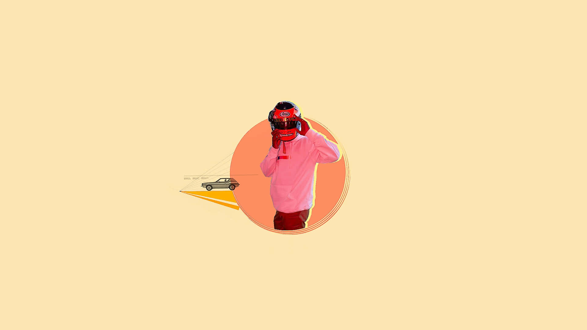 Frank Ocean Aesthetic 桌布 壁紙 — 一個戴著紅色賽車頭盔和穿著粉紅色連帽衫的人站在橙色圓圈內，附近有復古汽車插圖，背景是淡黃色。