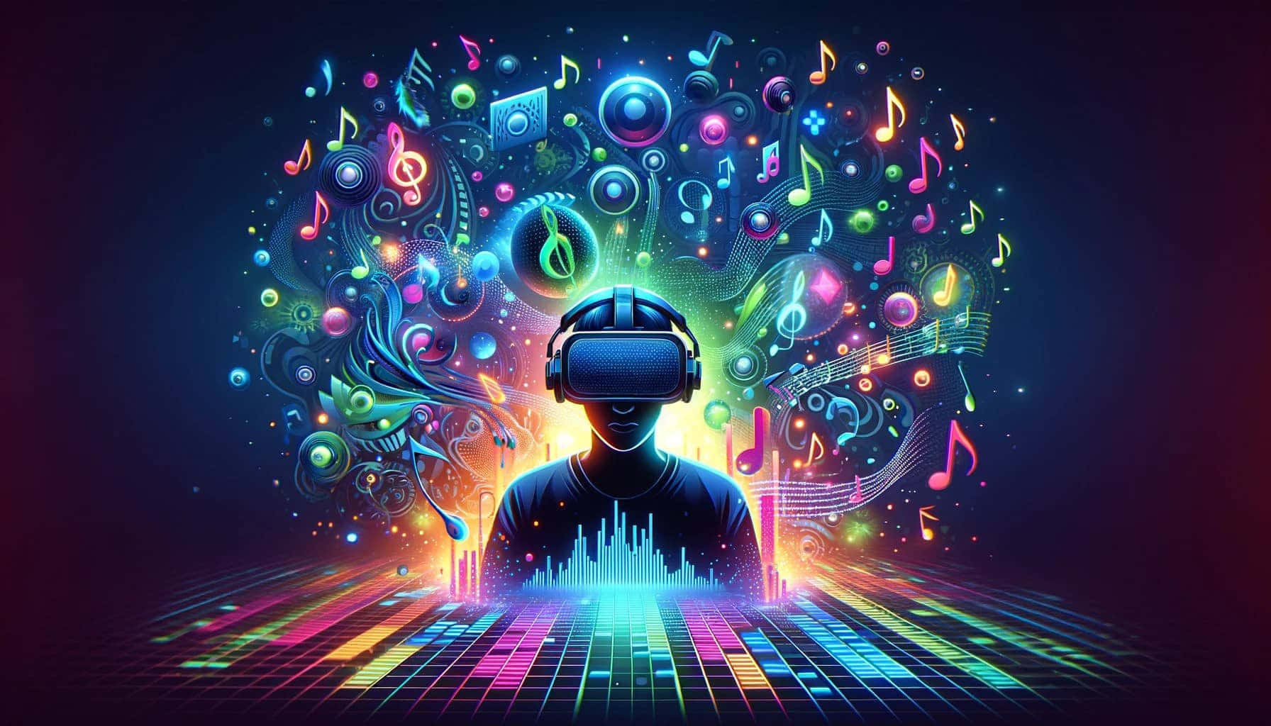  壁紙 — 一個人戴著VR頭戴式顯示器，沉浸在充滿浮動音符和發光音頻波形的生動數碼音景中。