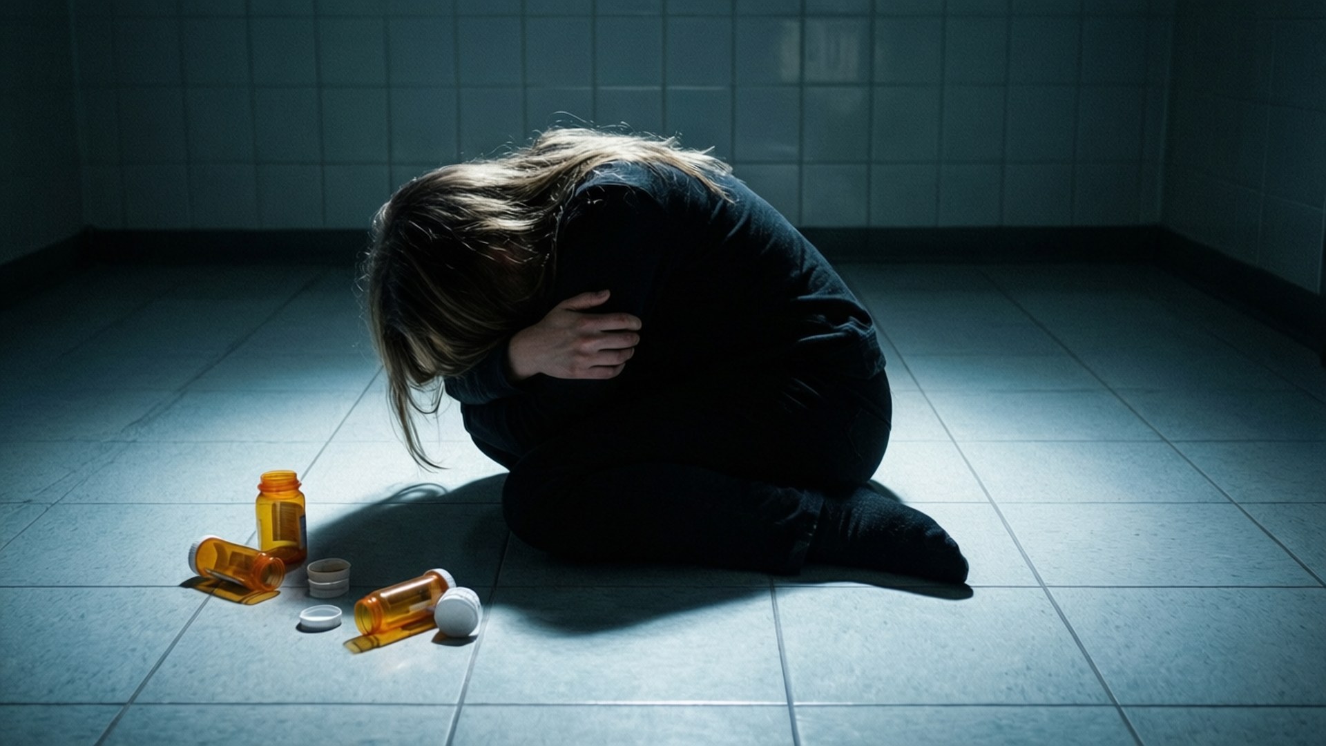Anguish 桌布 壁紙 — 一個穿著深色衣服的人跪在瓷磚地板上，身處昏暗的房間，周圍是空的藥瓶，只有一盞聚光燈照射。
