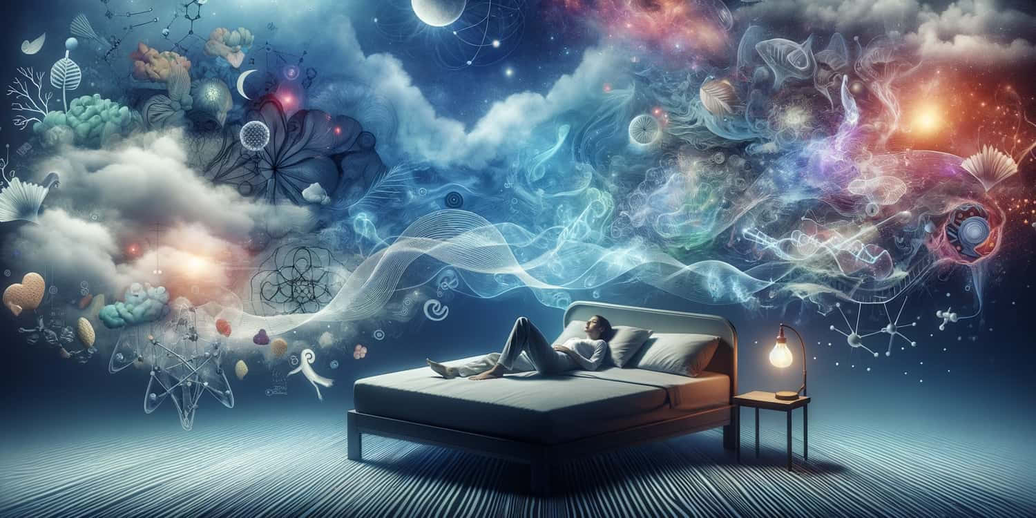  壁紙 — 一個人躺在一張床上，身處超現實的房間，宇宙雲層和發光的天體符號在他們上方旋轉。