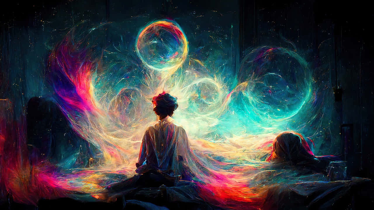  壁紙 — 一個人在黑暗的房間中冥想，周圍環繞著充滿活力的宇宙能量、發光的球體和色彩繽紛的光跡。
