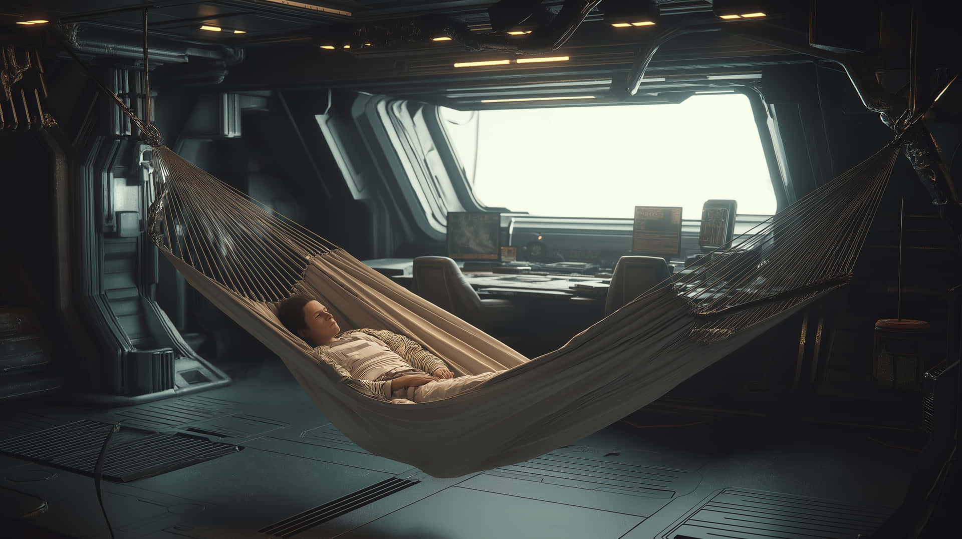 Person Relaxing in Hammock on Futuristic Spacecraft Deck 壁紙 — 一個人在未來主義太空船艙內懸掛的米色吊床上安寧地休息，艙內有金屬牆壁和一個大窗戶。