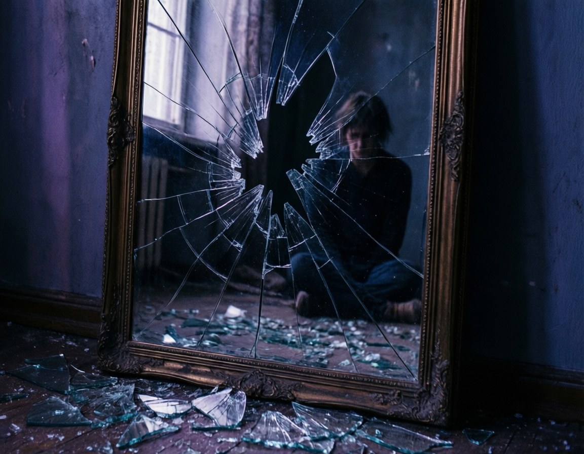 Vulnerable 桌布 壁紙 — 一個人坐在陰影中，身後是一面破碎的華麗鏡子，在昏暗的房間裡反射出碎裂的光線。
