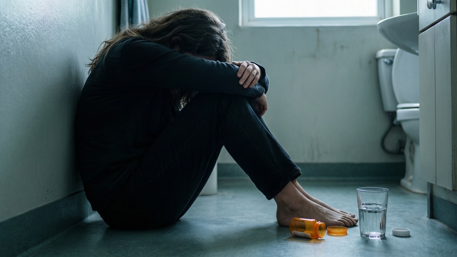 Anguish 桌布 壁紙 — 一個人蜷縮在光線昏暗的浴室地板上，旁邊有一個打開的藥瓶和一杯水。