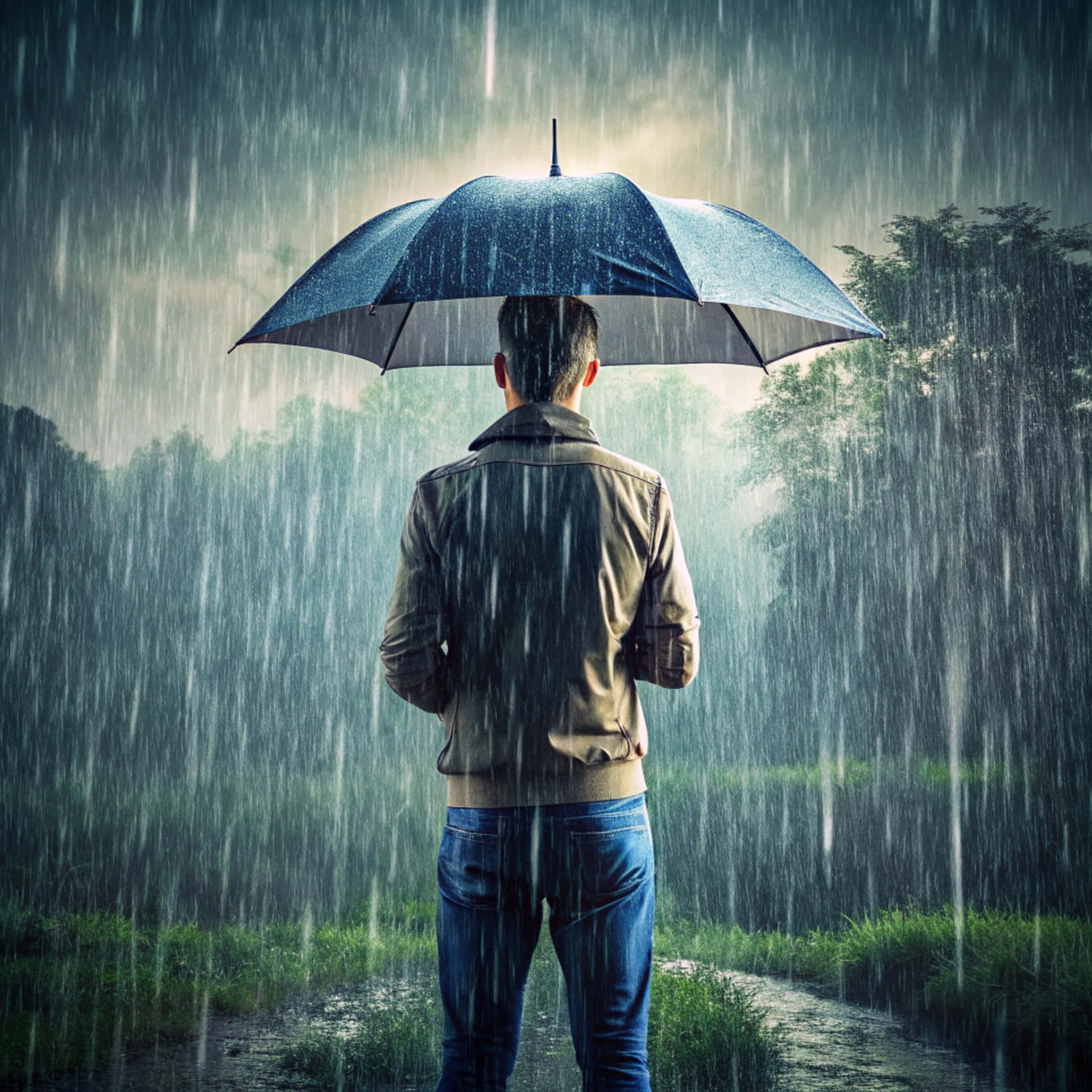 Person stands in the rain under an umbrella 壁紙 — 一個男人獨自站在深色雨傘下，在濕漉漉的小路上面對大雨，四周環繞著綠植。