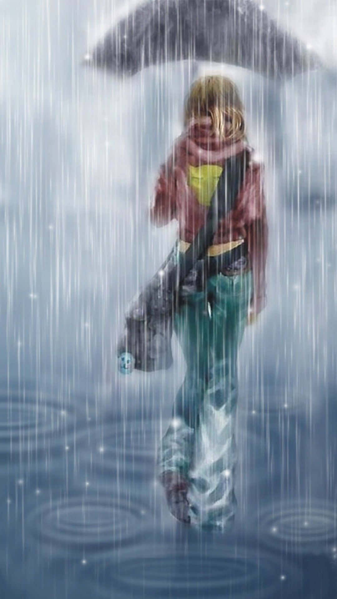 壁紙 — 一個金髮的人撐著黑傘在暴雨中走遠，水花在他們的靴子周圍飛濺。