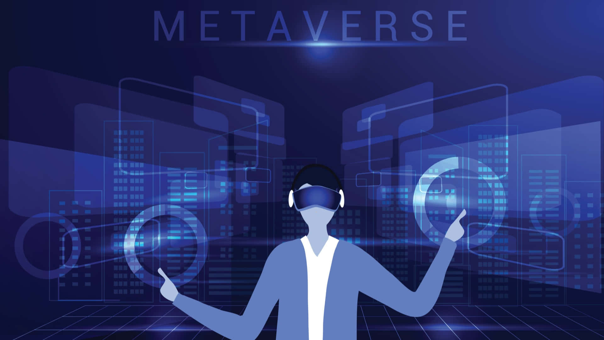  壁紙 — 一個人戴著VR頭戴式顯示器，在未來城市景觀背景下與發光的藍色數位介面互動。