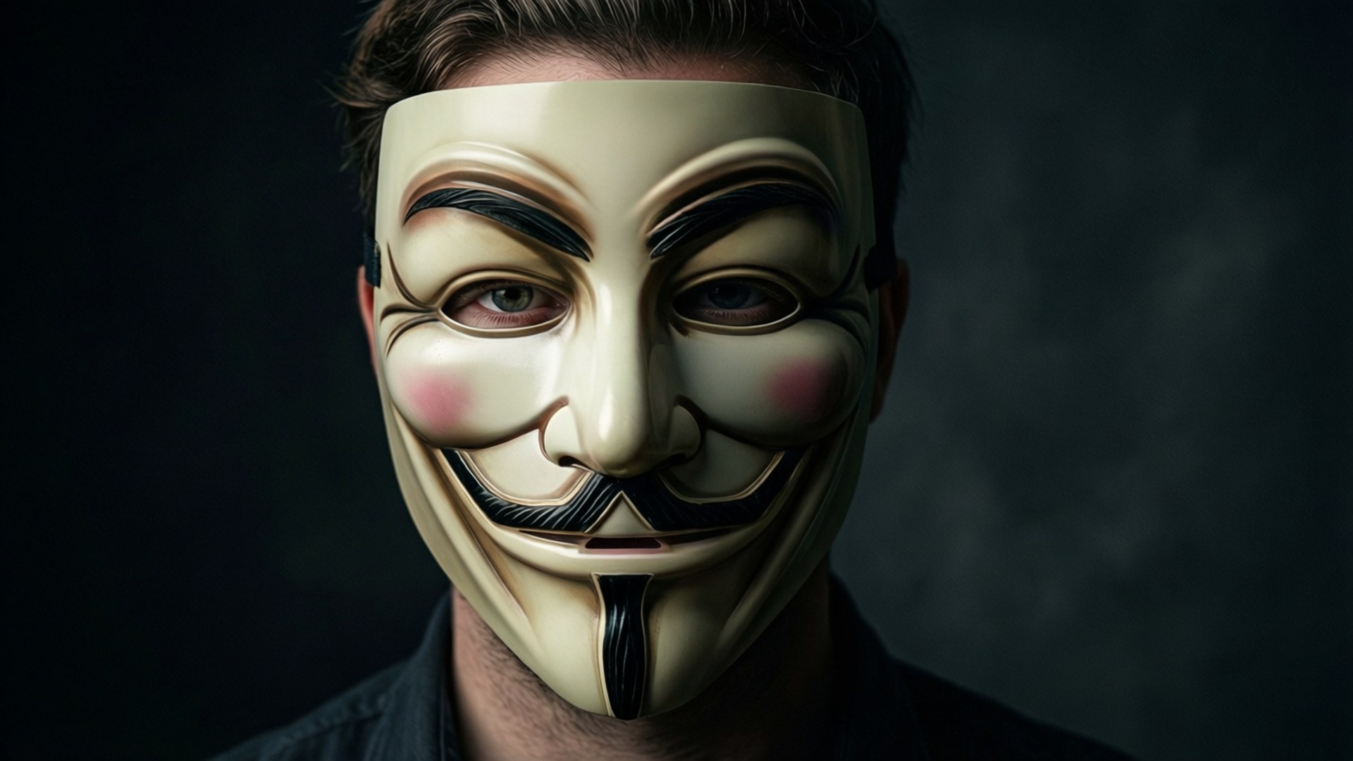 戴著帶有黑色標記的白色蓋伊·福克斯面具的人。