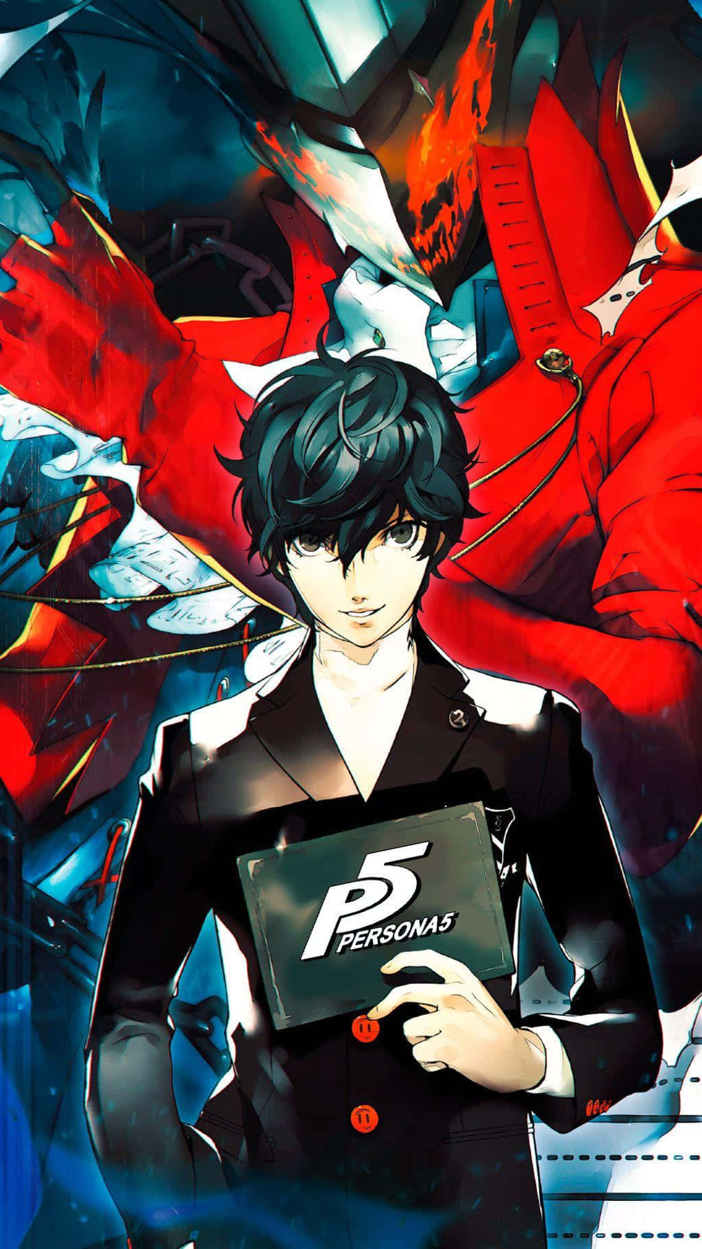 動漫角色手持Persona 5遊戲盒，背景有機械怪物。