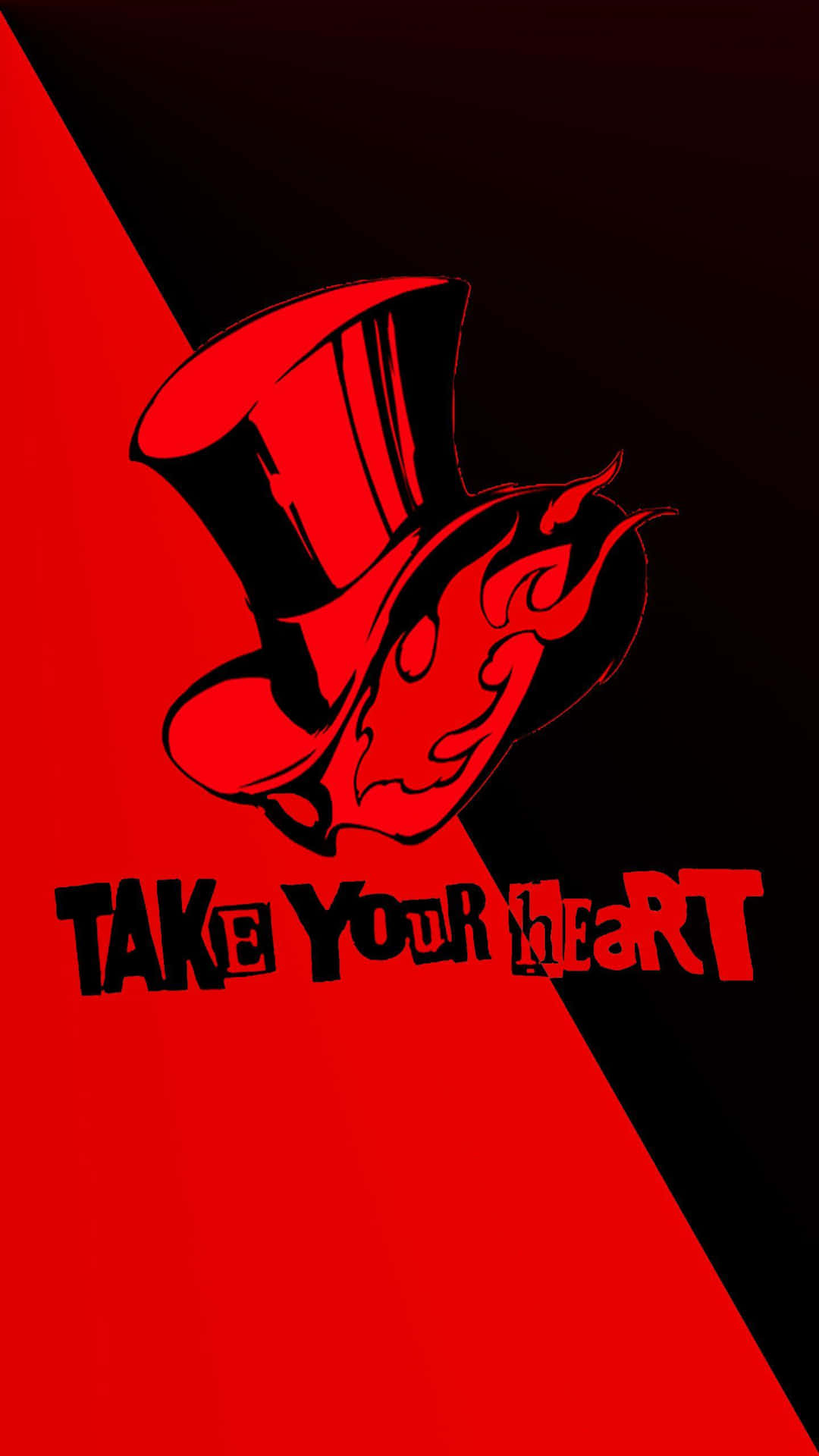 紅色和黑色圖形，描繪一頂帶有火焰的高帽，文字寫著 take your heart。