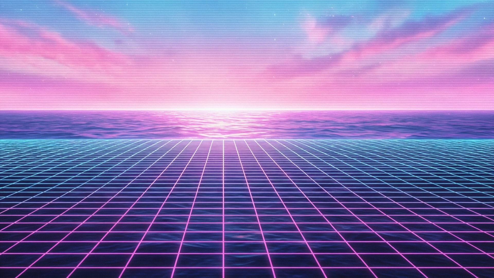 Perspective Grid Ocean 壁紙 — 霓虹網格地板在粉彩粉紅和藍色日落天空下延伸至發光的地平線。
