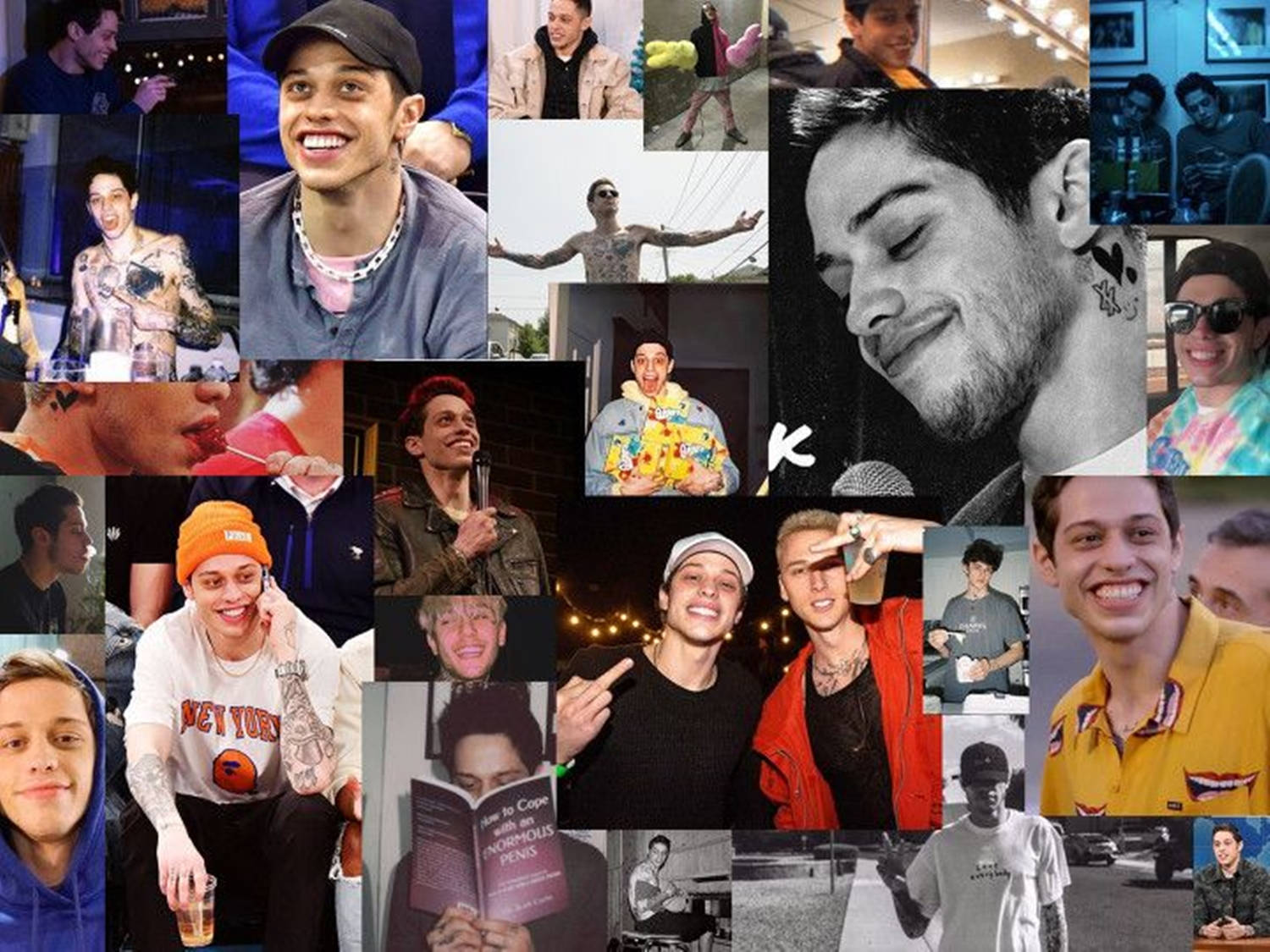 Pete Davidson 照片集 壁紙 — 一張充滿活力的名人照片拼貼，展示不同場景中的各種表情和服裝。