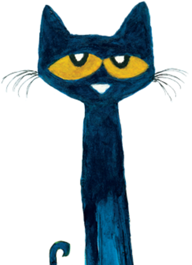 Pete the Cat藍色貓咪插圖 壁紙 — 一隻高大的藍色貓咪，有著黃色眼睛和白色鬍鬚，站在黑色背景前。