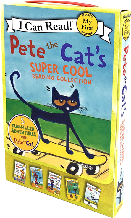 Pete The Cat 超酷閱讀系列 壁紙 — 一個明亮的兒童書盒，以歡樂卡通風格展示踩滑板的皮特貓。