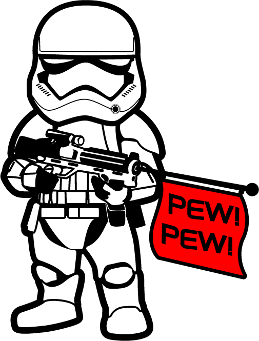 史塔克兵「PEW! PEW!」旗幟插畫 壁紙 — 一個風格化的白色風暴兵拿著爆能槍，黑色背景上有紅色的「PEW! PEW!」對話框。