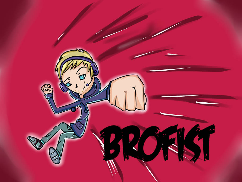 PewDiePie 以招牌 Brofist 激勵群眾 壁紙 — 一個戴耳機的卡通玩家在紅色背景上向前揮拳，帶有動作線條和「BROFIST」文字。