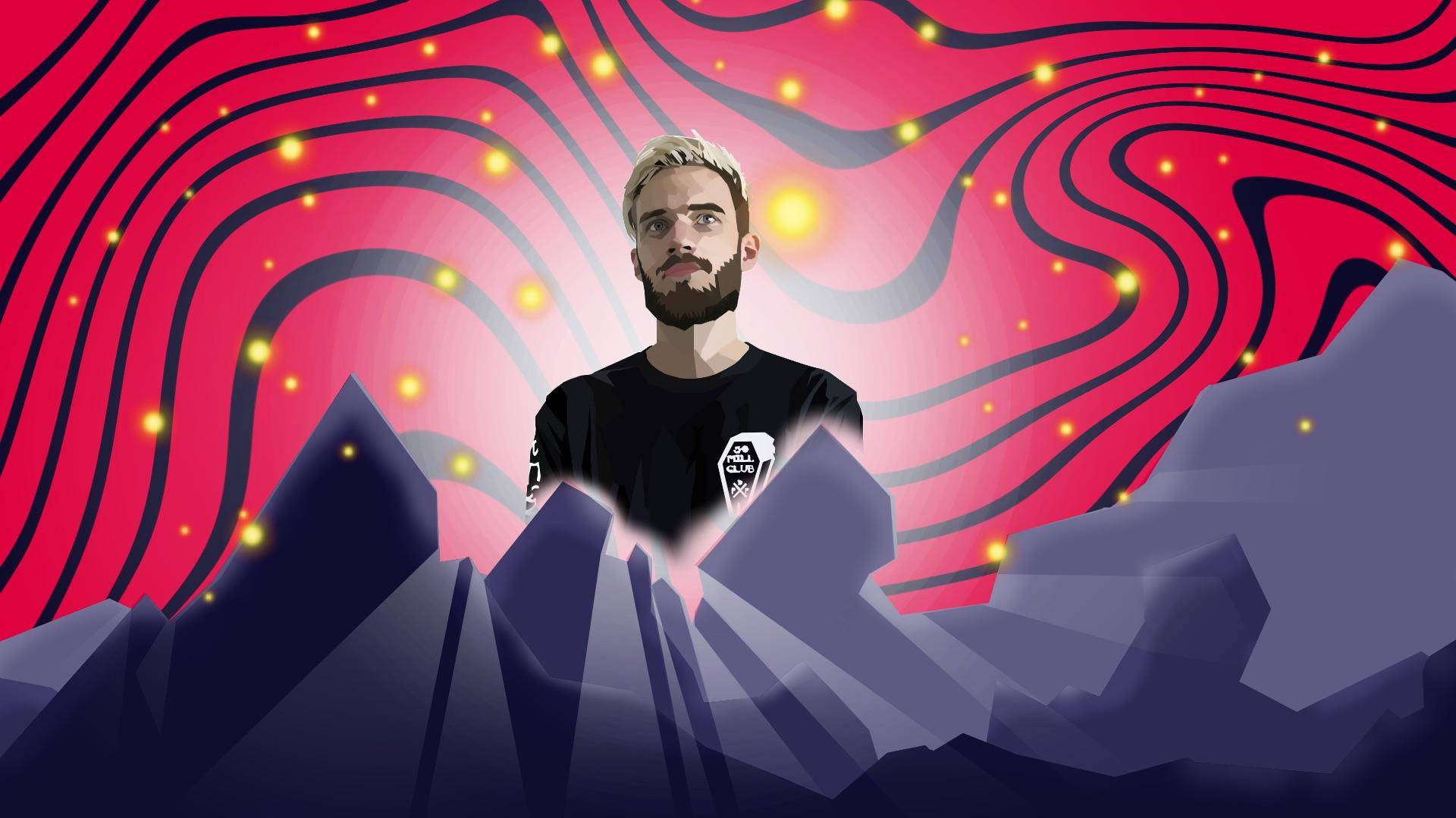 PewDiePie 數位藝術高清版 壁紙 — 一個風格化的男人，金髮和鬍鬚，站在紫色幾何山頂上，背景是旋轉的紅色和發光的黃色燈光。