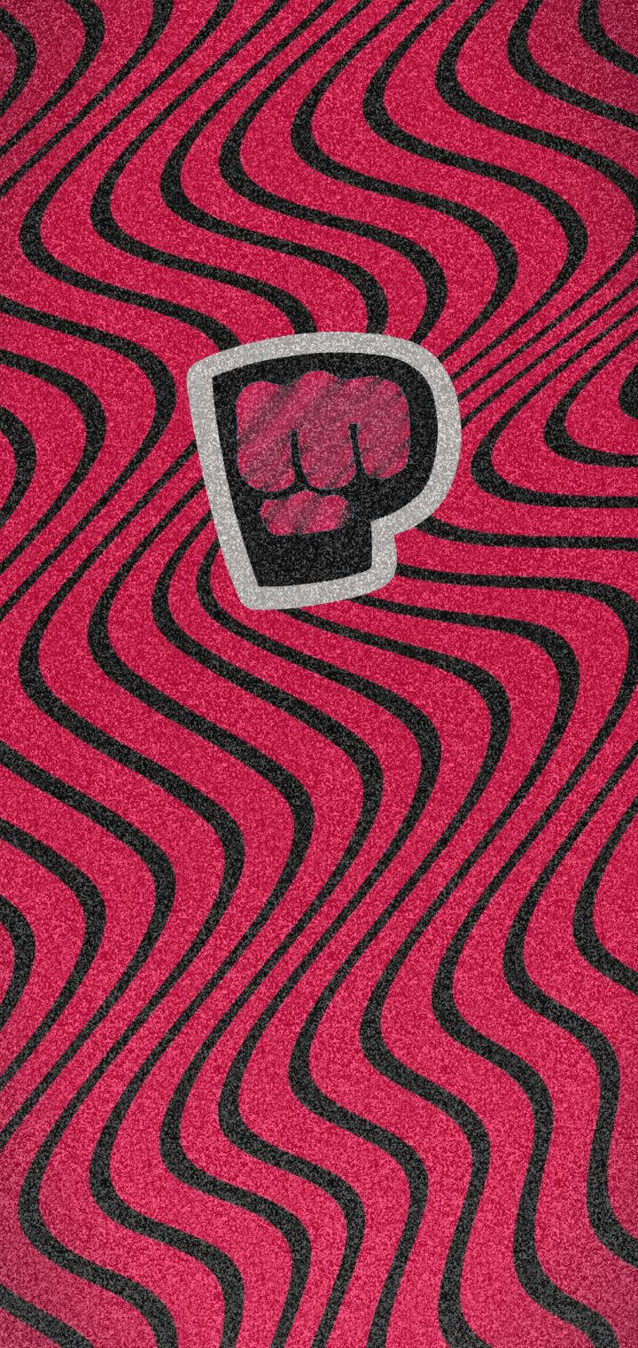 PewDiePie 的經典紅色 Brofist 標誌 壁紙 — 一個大膽的粉紅色拳頭標誌，置於充滿活力的粉紅色和黑色波浪圖案背景中央。