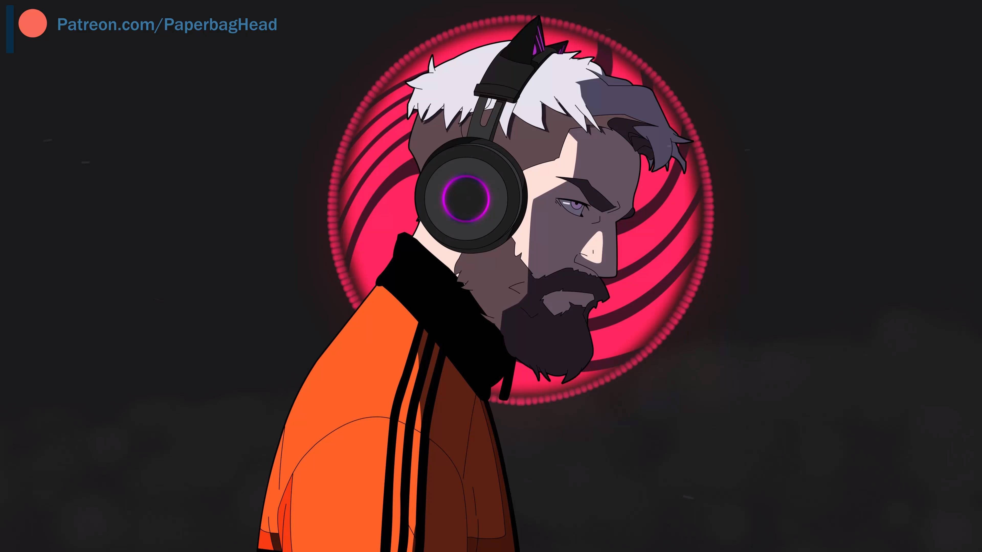 PewDiePie：線上影片之王 壁紙 — 一個風格化的動漫男人，白髮和鬍鬚，戴著耳機，背景是發光的紅色圓形。