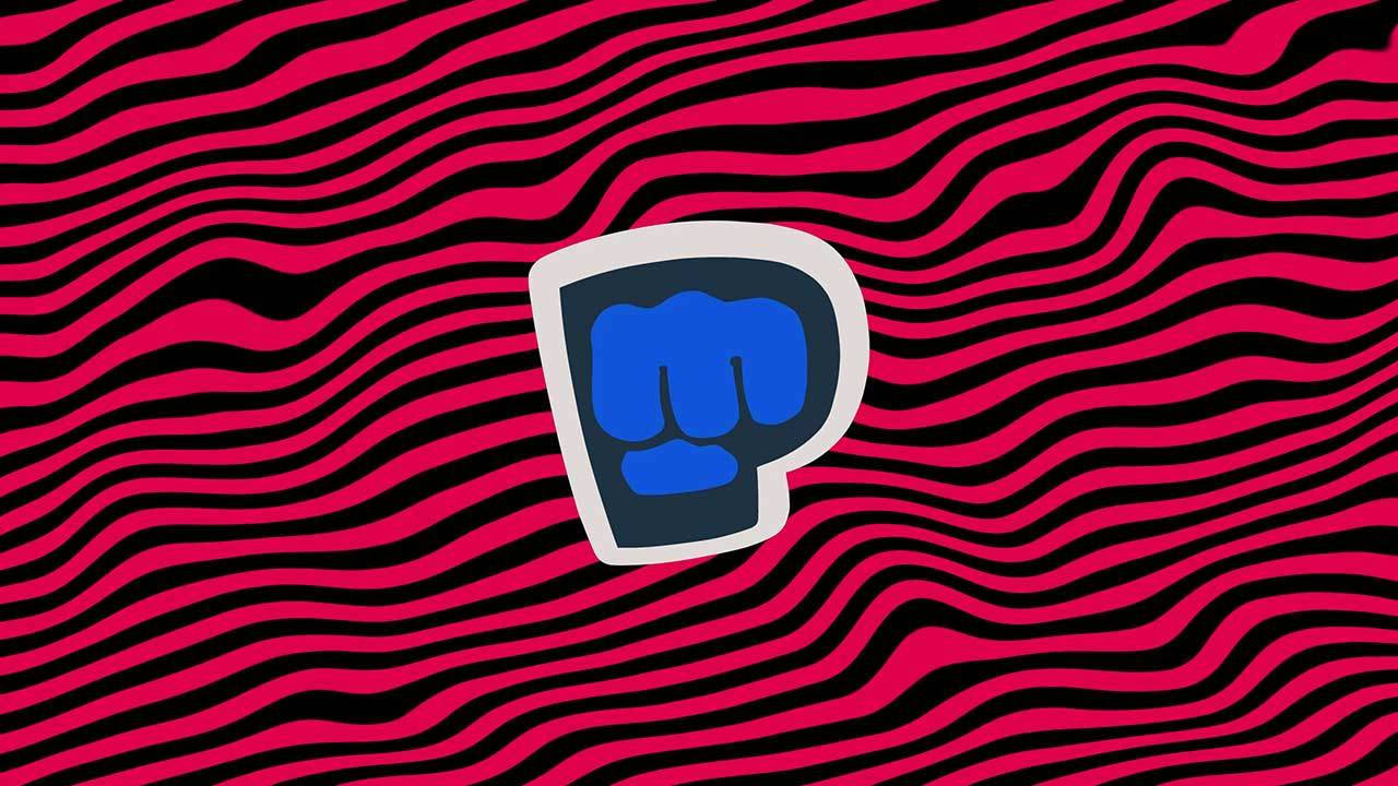 PewDiePie 著名商標標誌 壁紙 — 一個大膽的藍色拳頭標誌，居中在充滿活力的粉紅和黑色波浪條紋背景上。