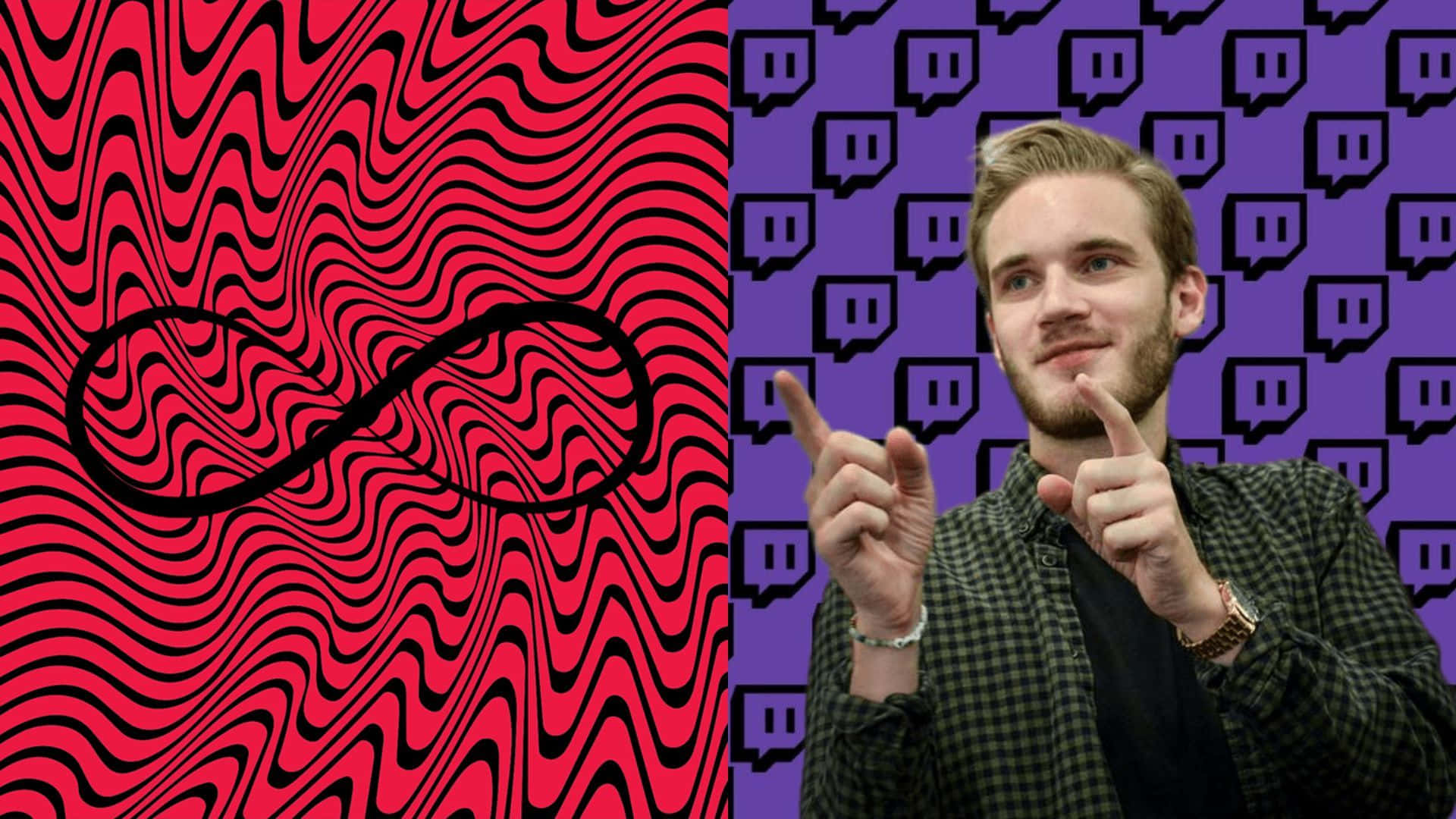 PewDiePie 遊戲與娛樂背景 壁紙 — 一名男子指著一個分割畫面，上面有紅色波浪無限符號和紫色Twitch標誌背景。