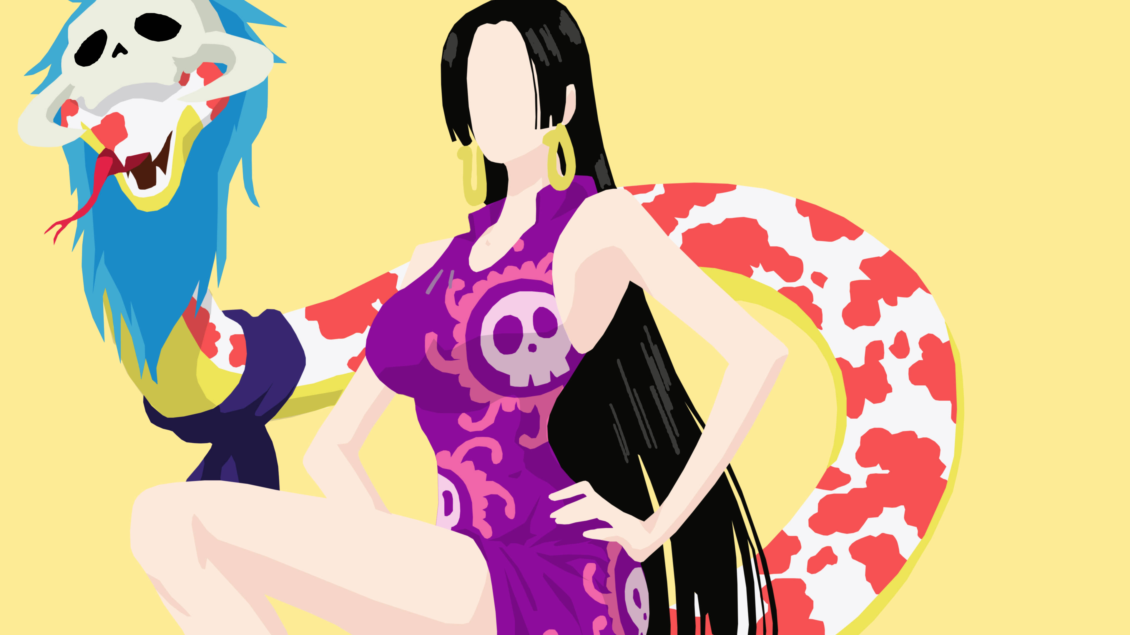海賊王 PFP 布拉克·哈克尼斯 最簡風格 壁紙 — 一個風格化的動漫女性穿著紫色骷髏圖案泳衣，自信地擺姿勢，旁邊是一個藍色頭髮的骷髏頭生物，背景是純黃色。