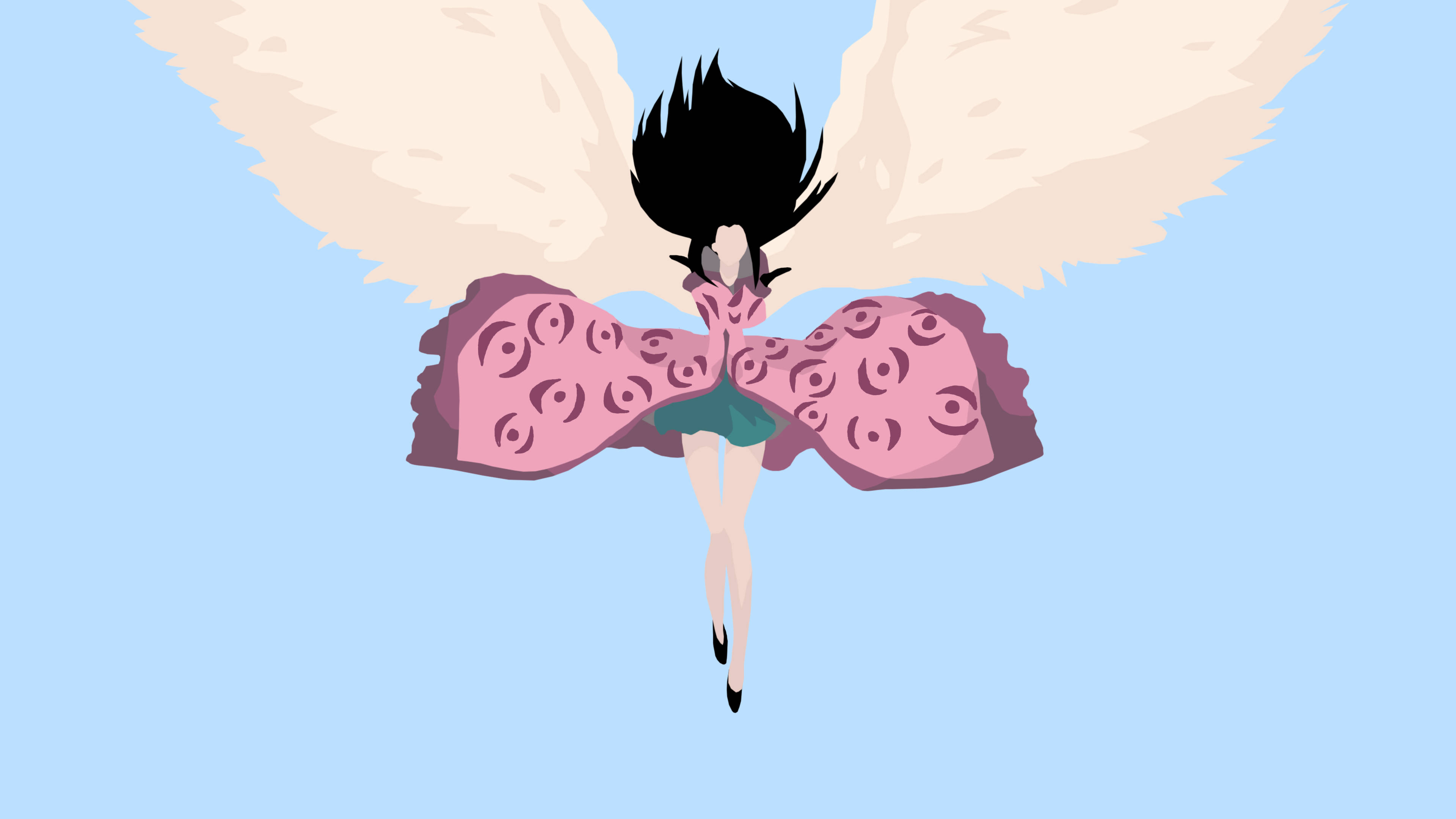 海賊王 PFP 妮可·羅賓 壁紙 — 一個風格化的動漫女孩，黑髮，大大的奶油色翅膀，穿著粉紅色圖案連衣裙，在柔和的藍天中向上飄浮。