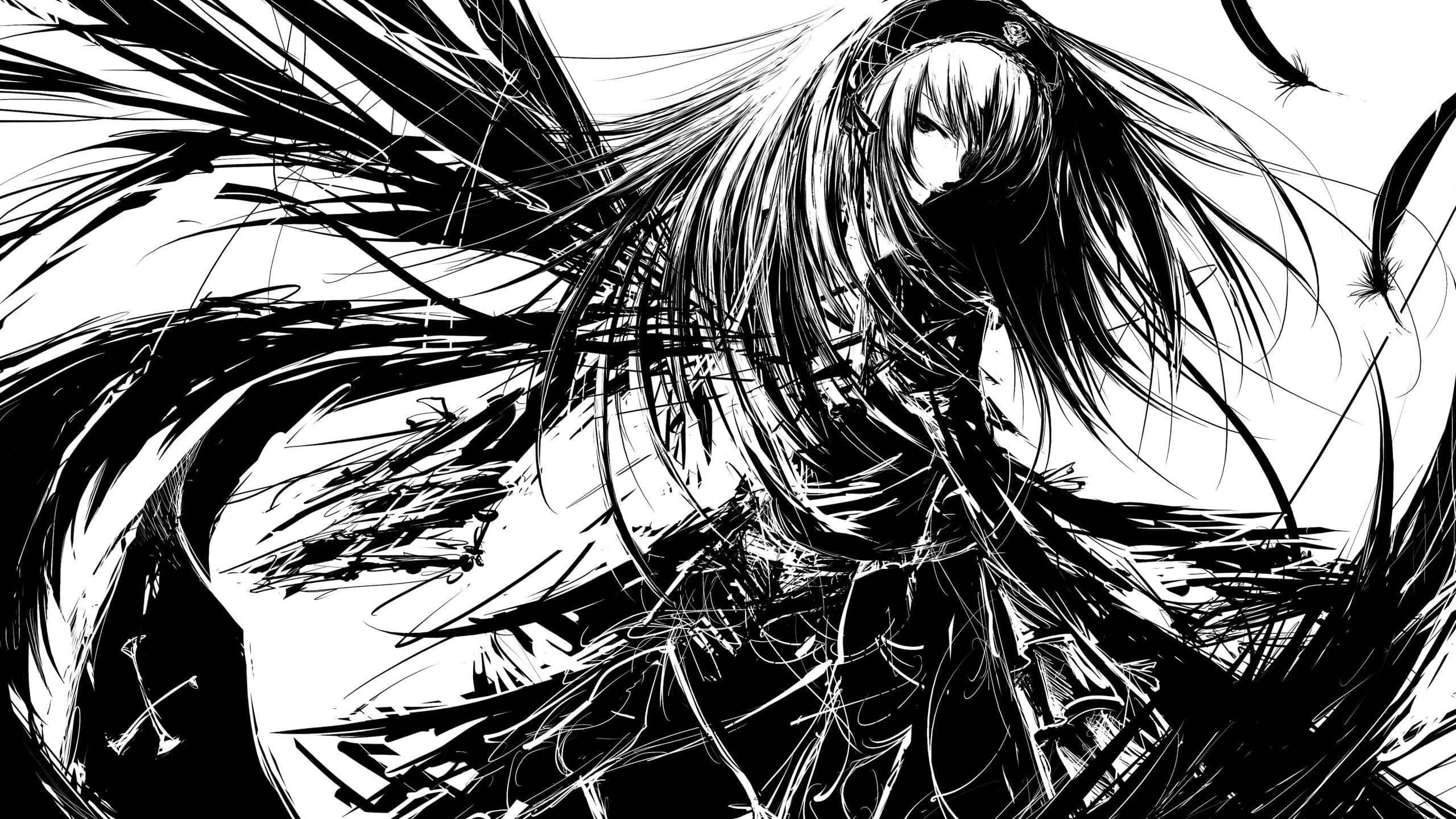 繪畫女孩時尚PFP 壁紙 — 一個動態的黑白動漫女孩，長髮帶翅膀，置身於旋轉的混亂線條之中。