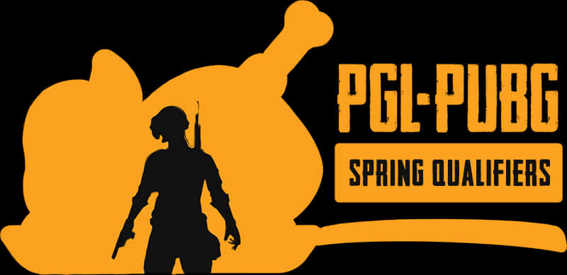 PGL PUBG 春季資格賽標誌 壁紙 — PUBG玩家持槍的剪影，背景為大膽的橙色圖形，帶有PGL-PUBG Spring Qualifiers文字。