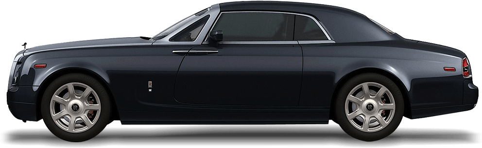 勞斯萊斯 Phantom側視圖 壁紙 — 一輛時尚的深藍色勞斯萊斯雙門轎跑車，在透明背景上以側面輪廓展示。